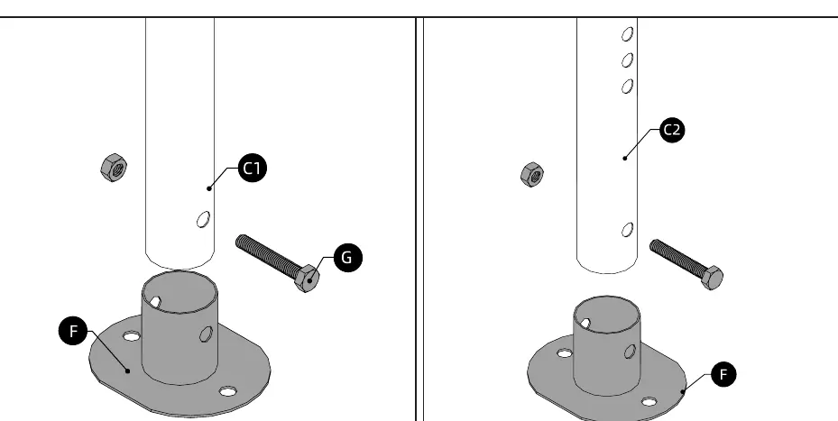 Connecting C1 and C2 tubes to base plate F