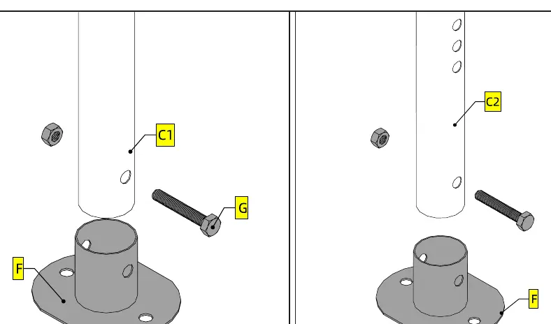 Attaching base plates (F) to tubes (C1/C2)