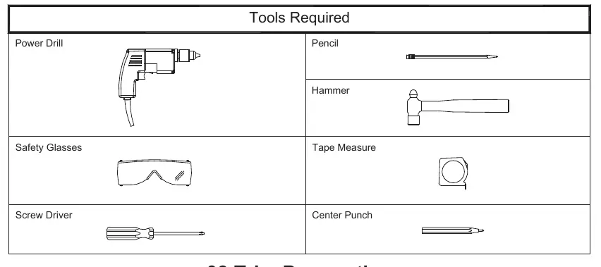 Tools required for installation