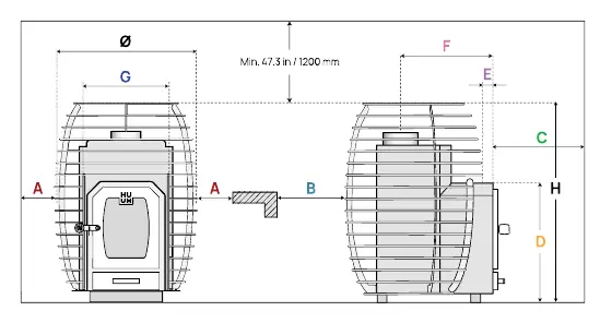Safety distances and installation dimensions for HIVE Wood models.