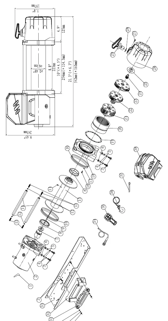 Exploded view of the winch assembly.