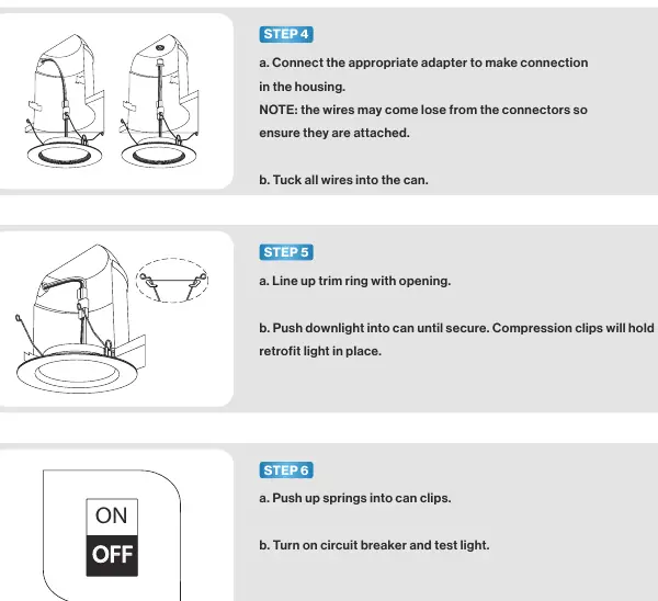 Installation steps 4 through 6: Connecting the adapter, inserting the light, and testing.