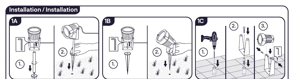 Installation methods: 1A (Ground spike), 1B (Surface mount), 1C (Wall/hard surface mount).