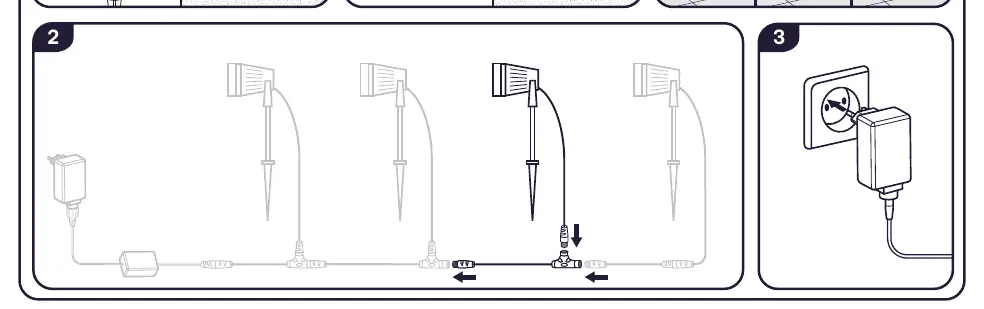 Daisy-chaining multiple spots and connecting to the power adapter.