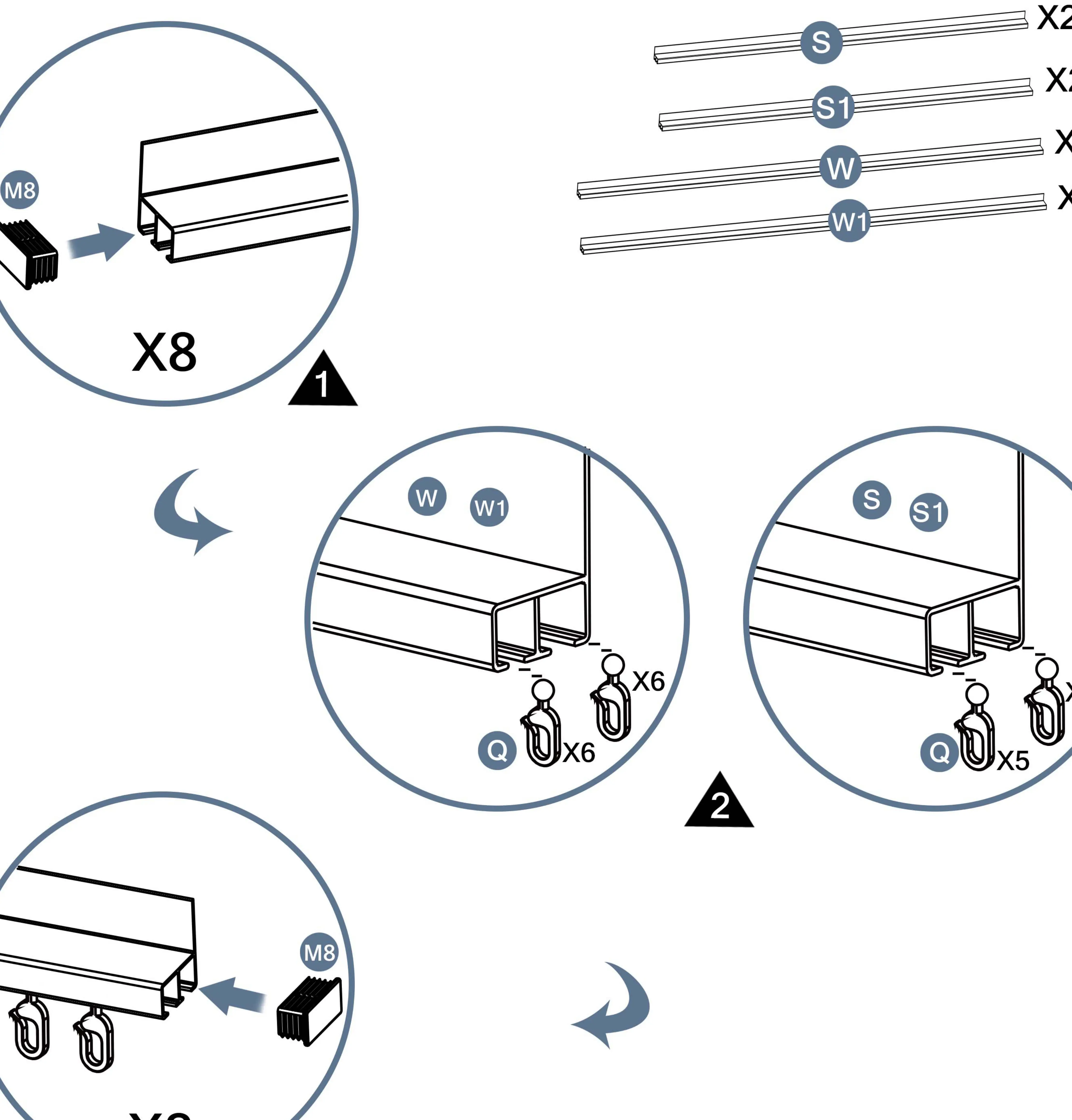 Step 1: Inserting sliders and end caps into rails