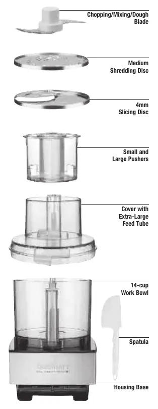 Diagram of the food processor parts including blades, discs, and bowl.