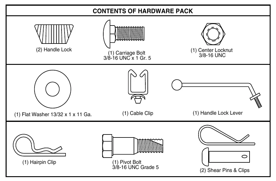 Hardware pack contents required for assembly.