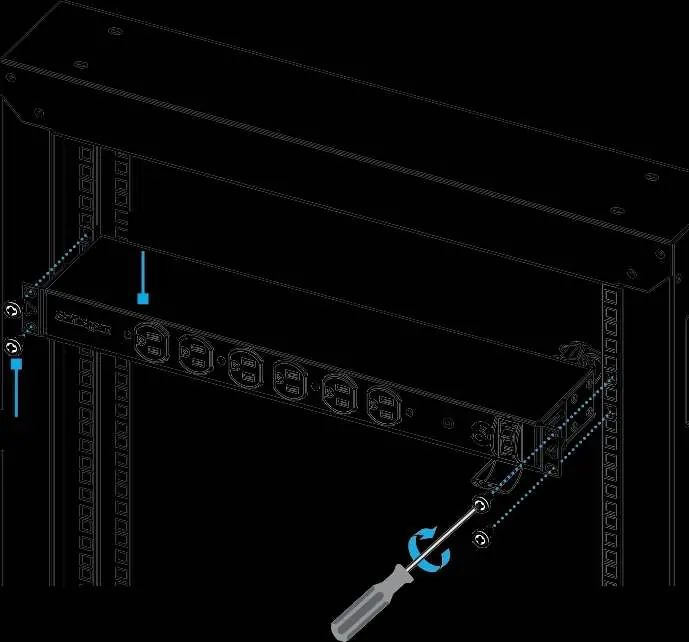 Rack mounting procedure using cage nuts and screws.