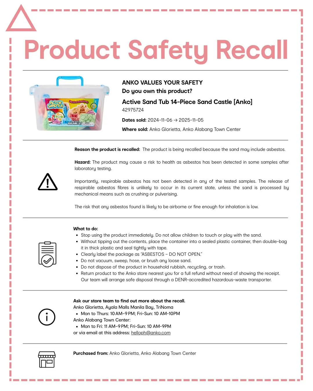 Product Safety Recall notice for ANKO Active Sand Tub