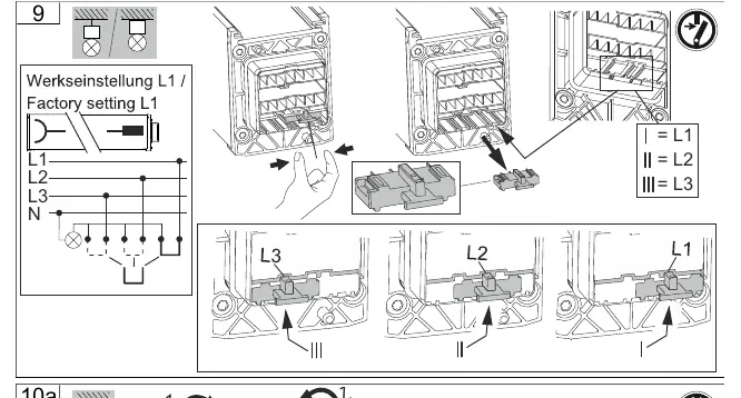 Factory settings and phase configuration (L1, L2, L3).