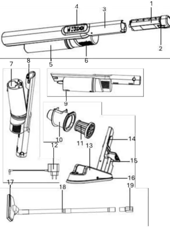 Exploded view of the vacuum cleaner parts