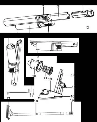 Exploded view of the vacuum cleaner components