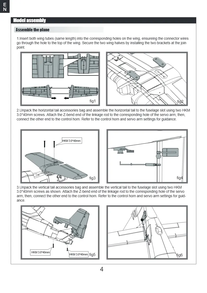 Assemble the main wings, horizontal tail, and vertical tail.