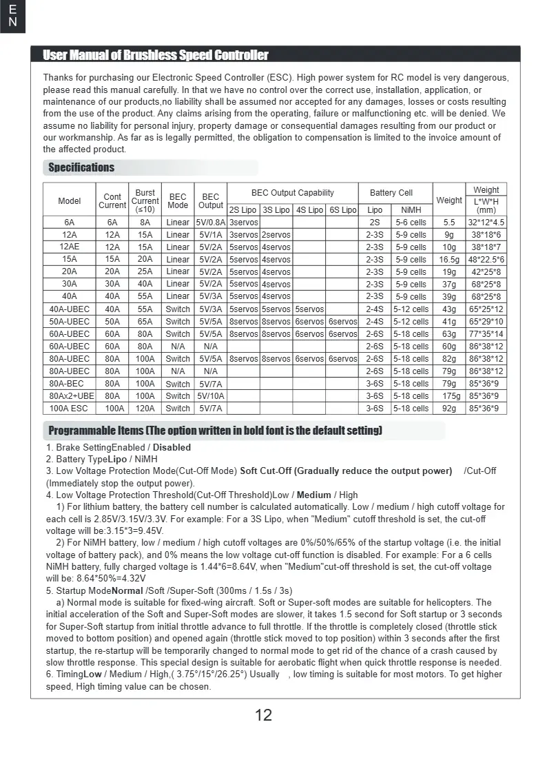Review Electronic Speed Controller (ESC) specifications.