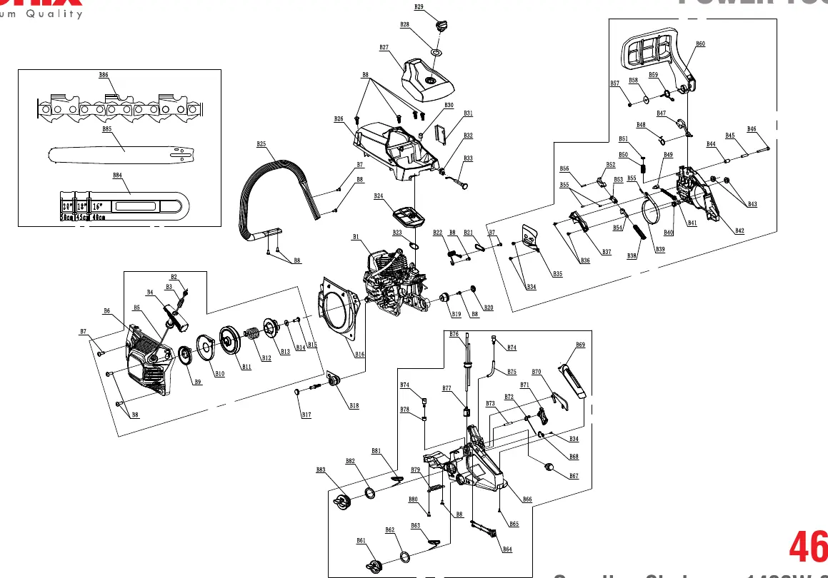 Exploded view diagram of the Ronix 4635 Gasoline Chainsaw
