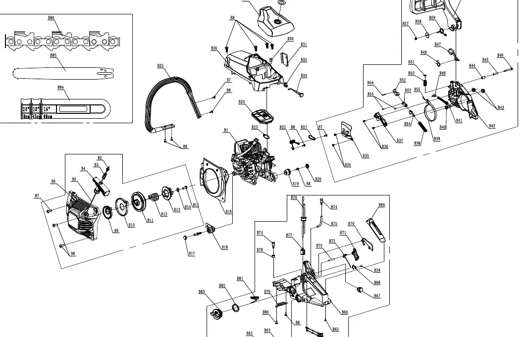 Exploded view of the Ronix 4635 chainsaw components
