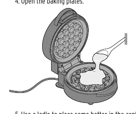 Illustration showing how to add batter to the center of the lower baking plate.