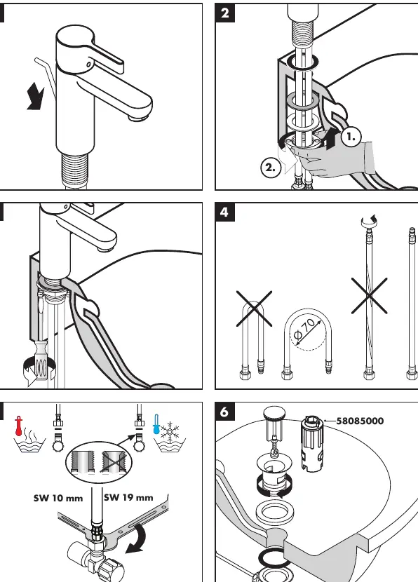 Installation steps for the basin mixer