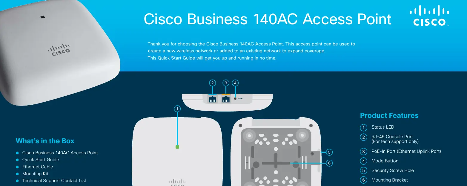 Overview of the Cisco Business 140AC Access Point, highlighting the status LED, RJ-45 console port, PoE-In Ethernet port, mode button, security screw hole, and mounting bracket.
