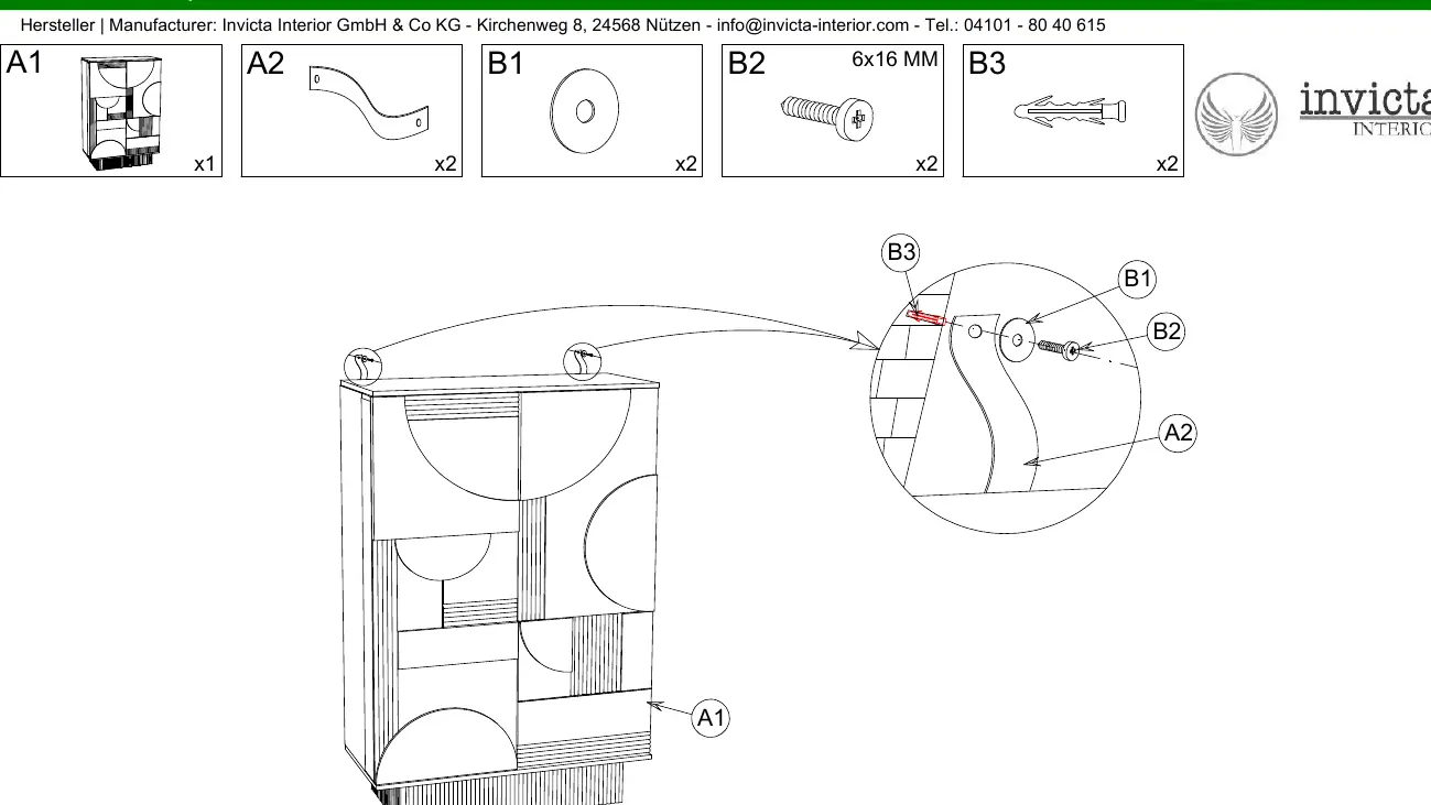 Assembly diagram showing the attachment of parts A2, B1, B2, and B3 to the cabinet A1.