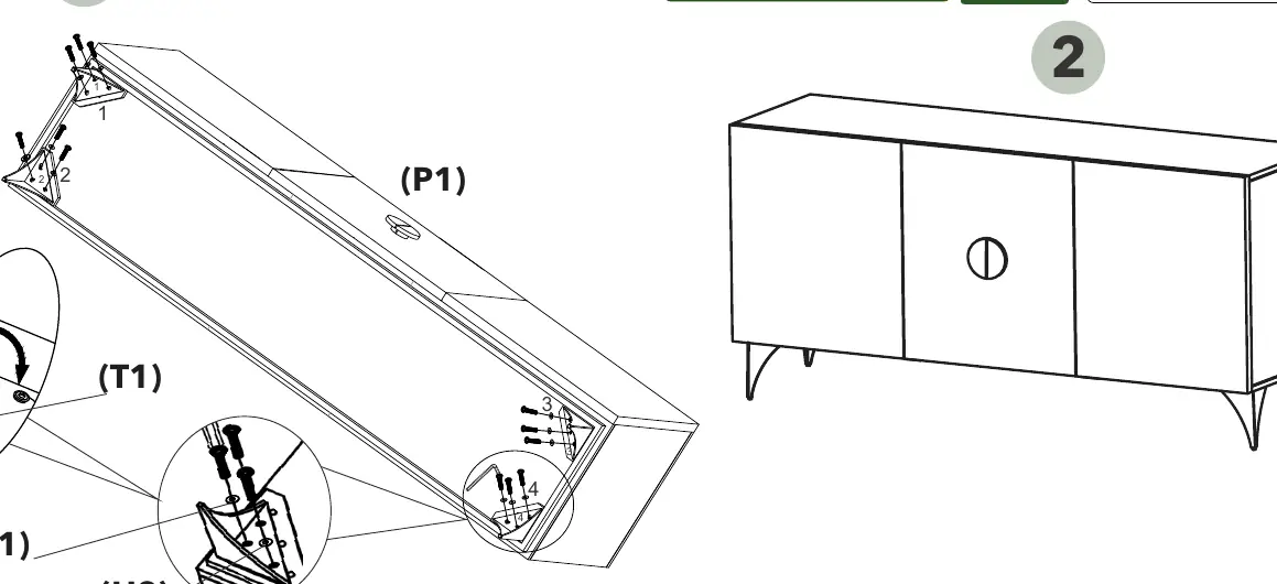 Assembly diagram for attaching legs to the sideboard body.