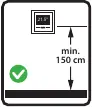 Recommended thermostat placement height (min 150 cm).