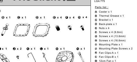 Parts list including cooler, brackets, and screws.