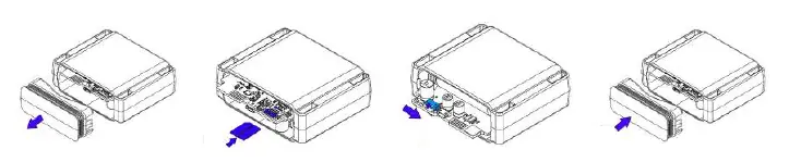 Steps for cover removal, SIM card insertion, and turning the device on.