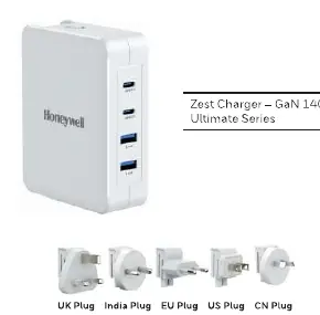 Honeywell Zest GaN 140W Charger and interchangeable plugs