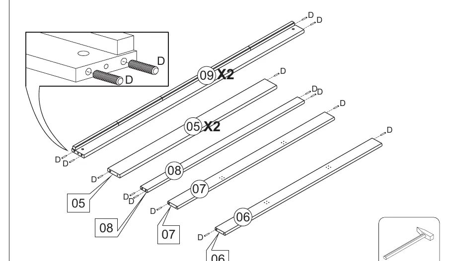 Step 1: Inserting wooden dowels into side rails