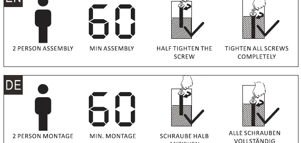 Assembly requirements: 2 people, 60 minutes, and tightening method.