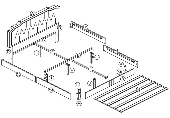 Exploded view of the bed frame.