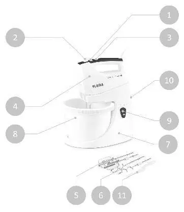 Diagram of the Flama 1416FL Hand Mixer with Bowl and its components.