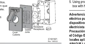 Assembly diagram showing the order of components: Box, Receptacle, Gasket, and Cover.