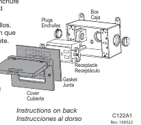 Assembly diagram showing the order of components: Box, Plugs, Receptacle, Gasket, and Cover.