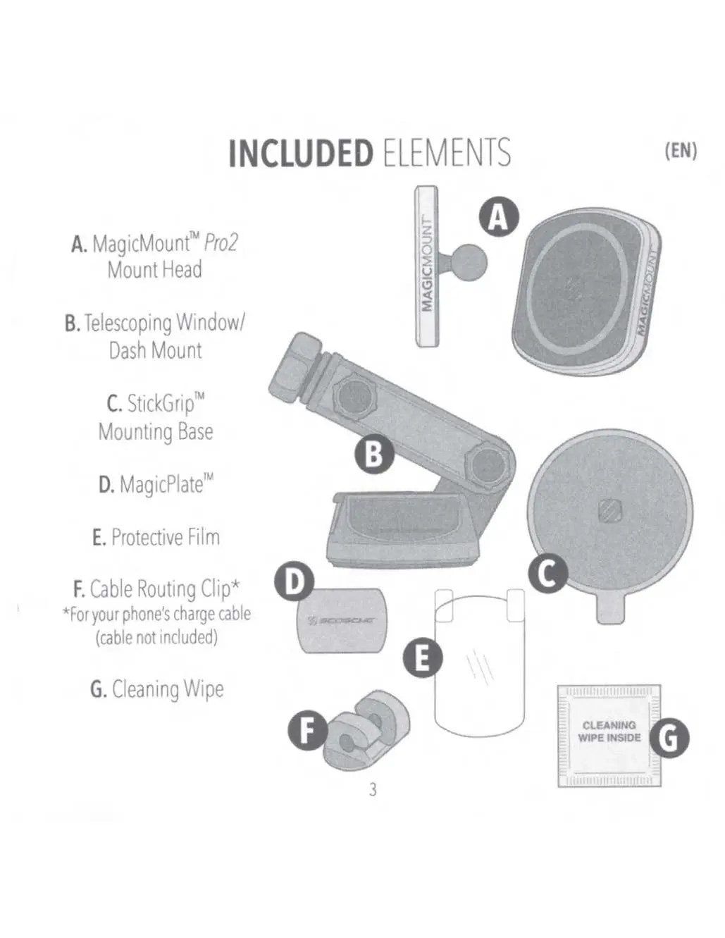 Included elements of the MagicMount Pro2 Extendo