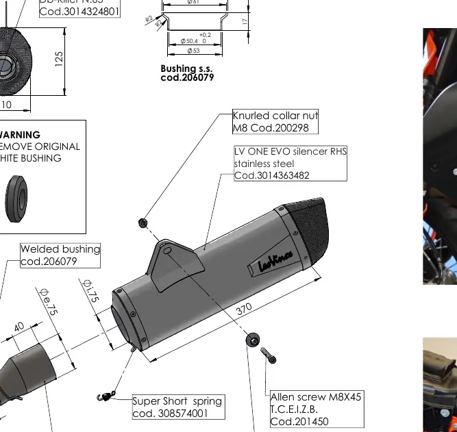 Technical drawing of the LV One EVO exhaust components