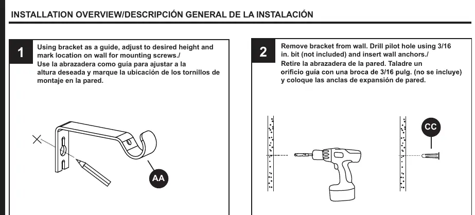 Steps 1 and 2: Marking bracket location and drilling pilot holes.