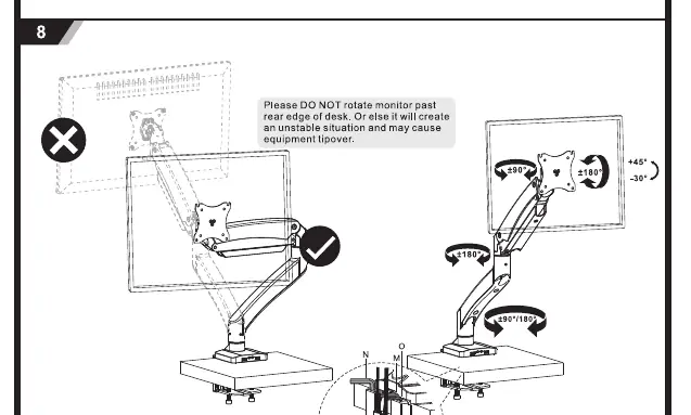 Rotation limits and safety warning.