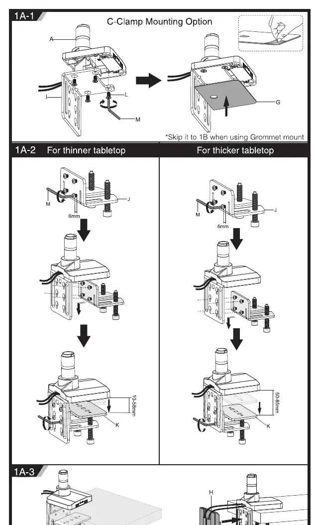 C-Clamp mounting options for different tabletop thicknesses.