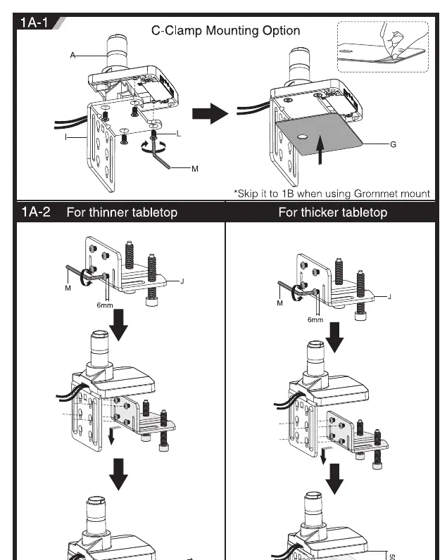 C-Clamp mounting procedure for different tabletop thicknesses.
