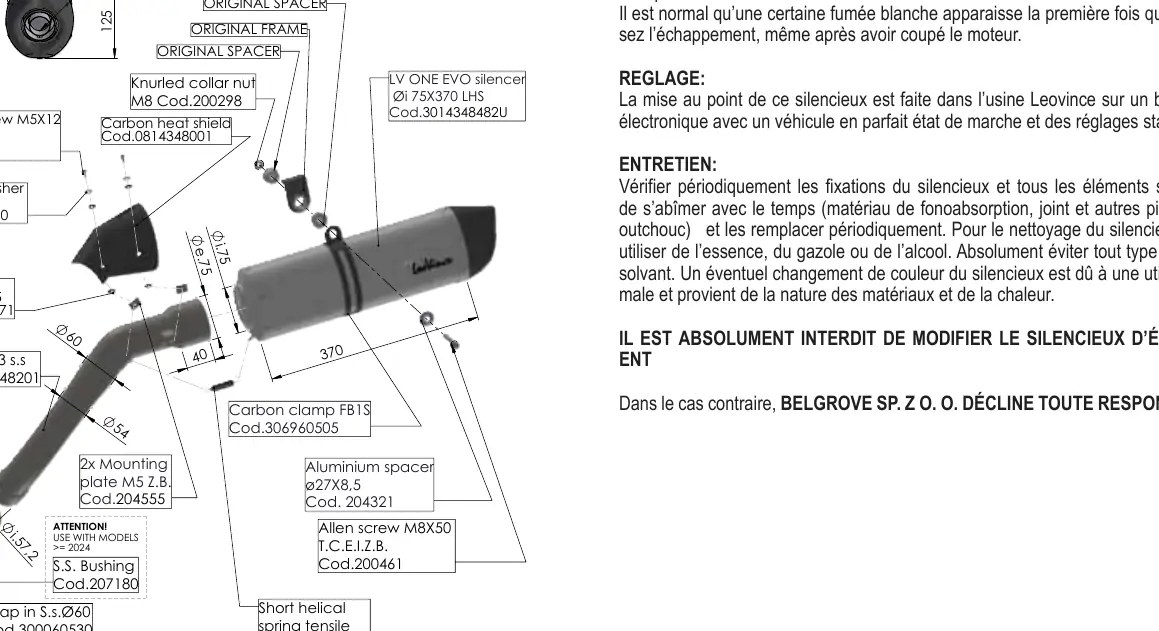 Technical diagram of the LV One EVO exhaust system components.
