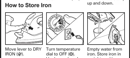 Steps to store the iron: Dry setting, Off, and Emptying.