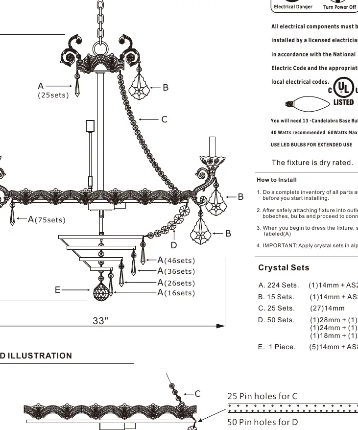 Chandelier assembly and crystal placement diagram