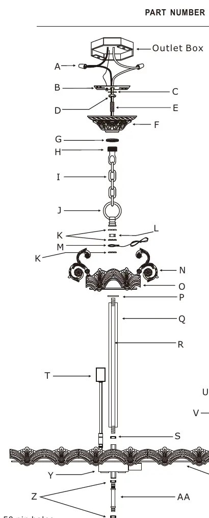 Exploded view of chandelier parts