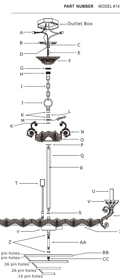 Exploded view of chandelier components