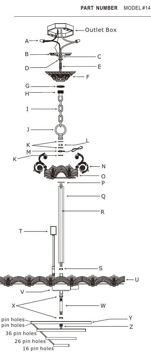 Exploded view of chandelier components