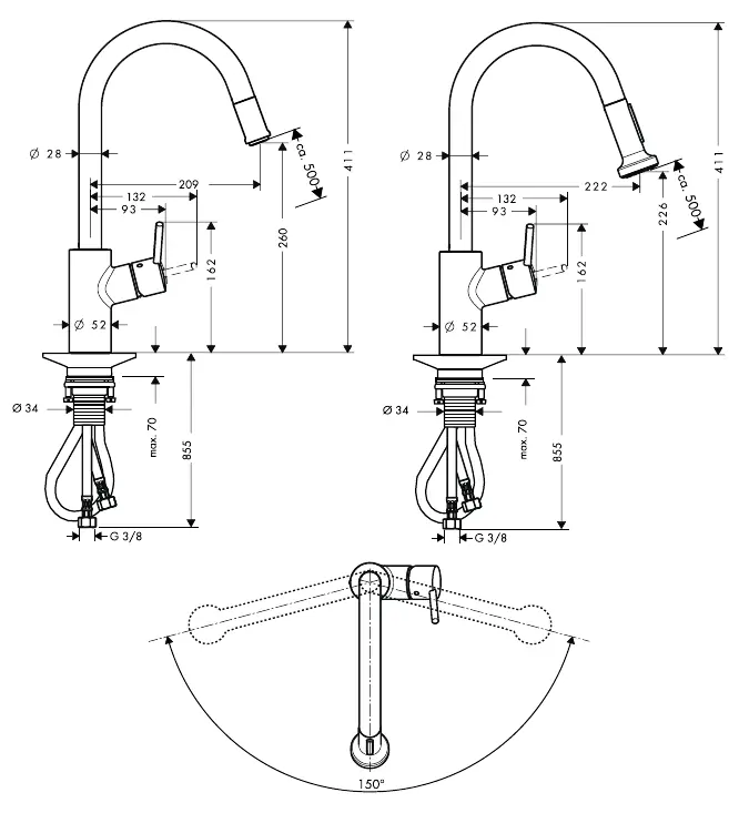 Dimensions of Talis S2 Variarc models