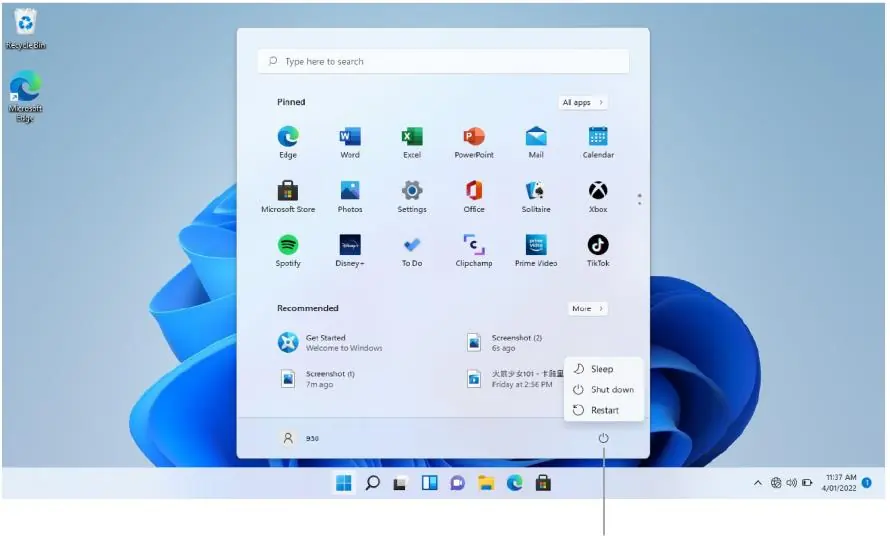 Power menu options