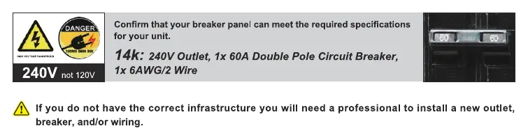 Electrical specifications for the 14KW unit